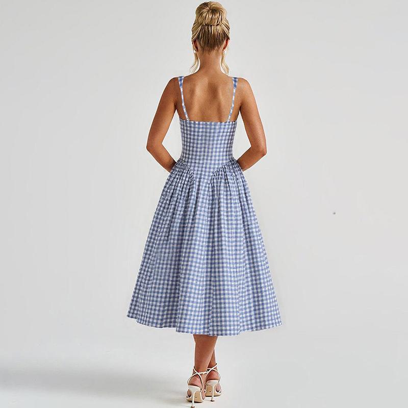 Plaid A-Line Midi Dress for Women's Summer Outfit Adjustable Strap Bodycon Top Flared Hem Casual Elegant Beach Holiday Party Club Dating Dresses