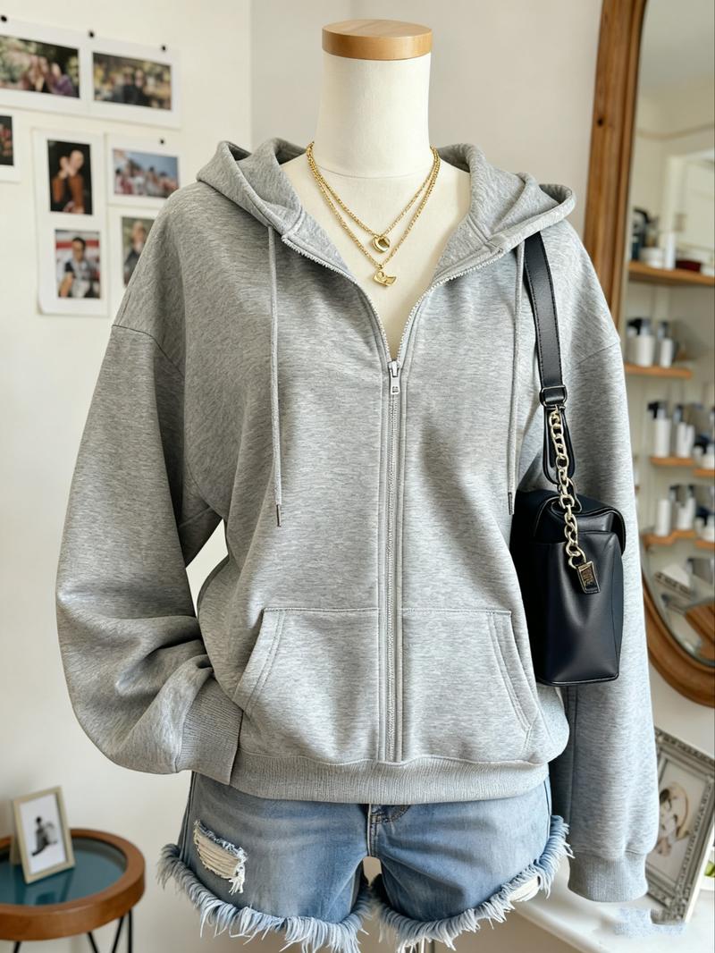 Women's Fashion Fall Winter Drawstring Hoodie, Plain Zipper Jacket Coat, Casual Loose Fit Long Sleeve Top, Versatile New Arrival, Cozy Breathable Clothing