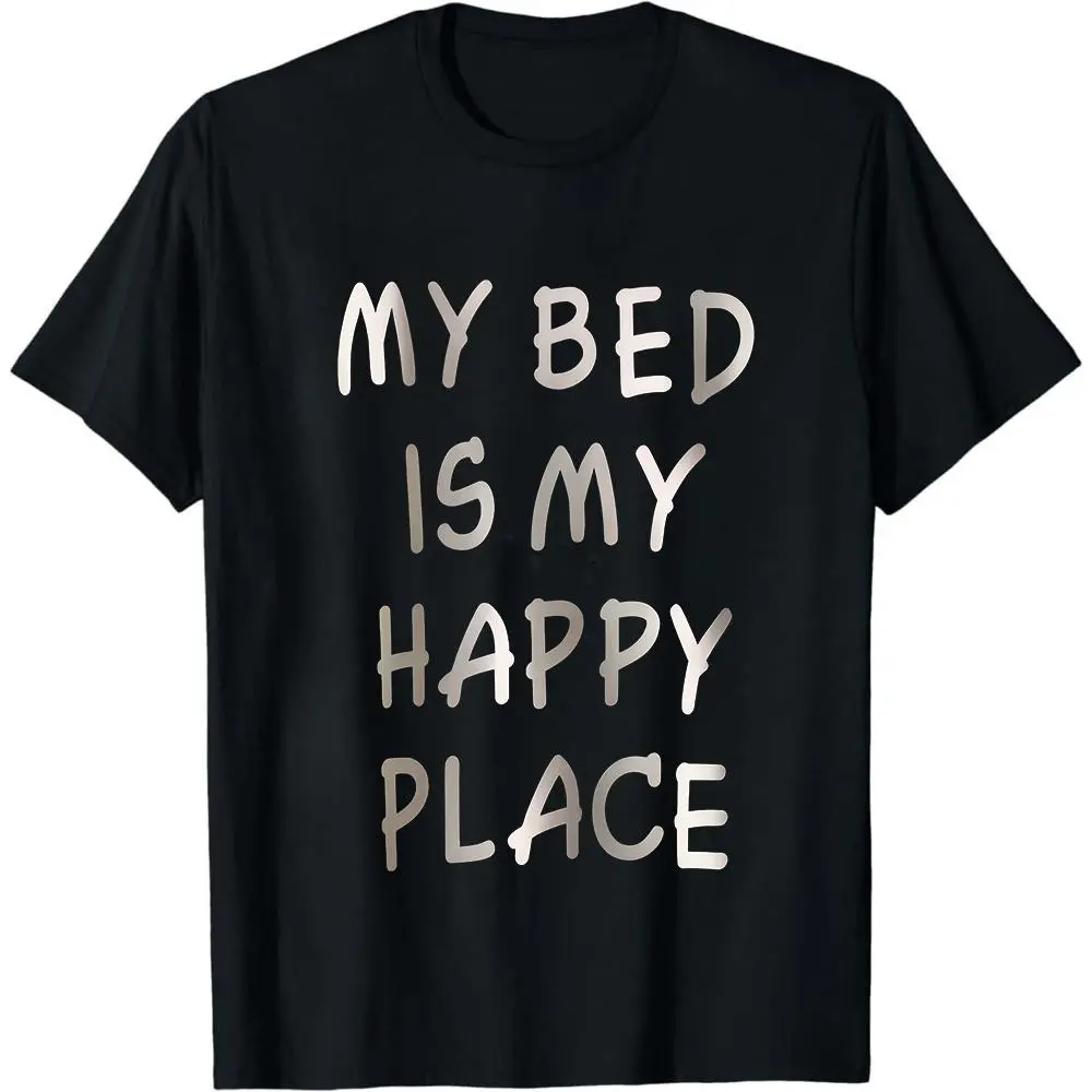 Women's "My Bed is My Happy Place" Graphic Print Sleepshirt Dress Loungewear - Casual Crew Neck Shortsleeve, Elastic Cotton-Polyester Blend Fabric, Machine Washable, Spring/Summer White with Black Lettering Comfortable Nightwear, Baggy, Seamless