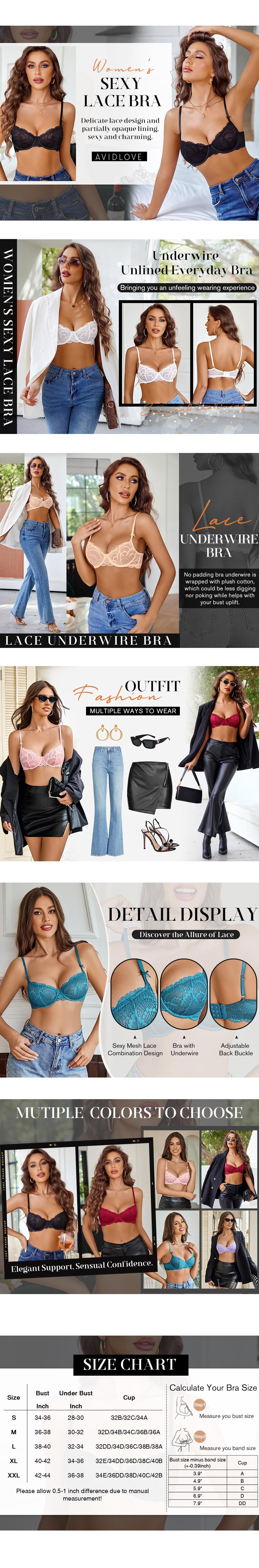 Avidlove Women's Lace Bra Sheer Underwire Unlined Balconette Everyday Bras Lingerie