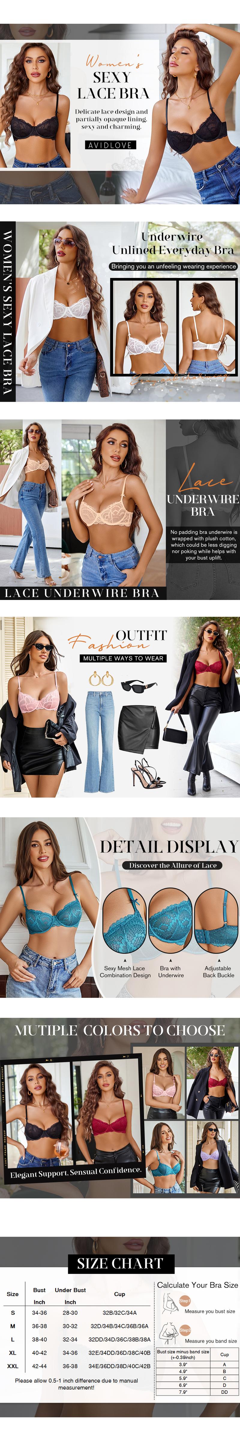 Avidlove Women's Lace Bra Sheer Underwire Unlined Balconette Everyday Bras Lingerie