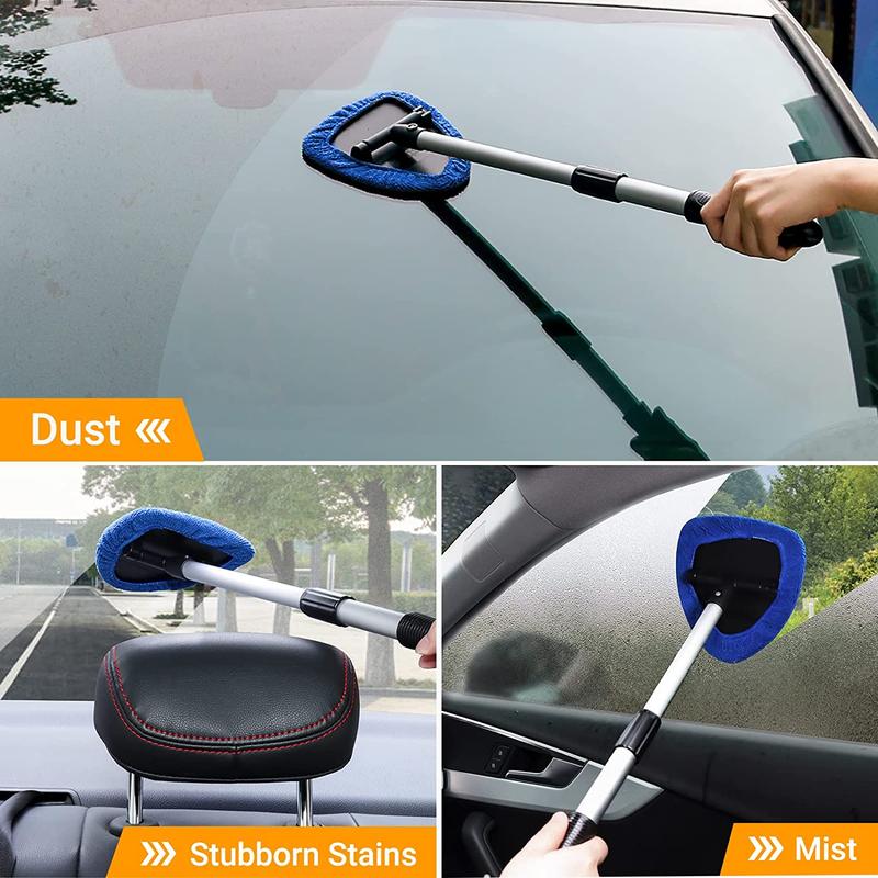 Windshield Cleaner Tool, Microfiber Car Window Cleaning Tool with Extendable Handle & 2 Cloth Pad Head, Auto Interior Exterior Glass Wiper Car Glass Cleaner Kit, Car Accessories, Men Gifts, Car Essentials