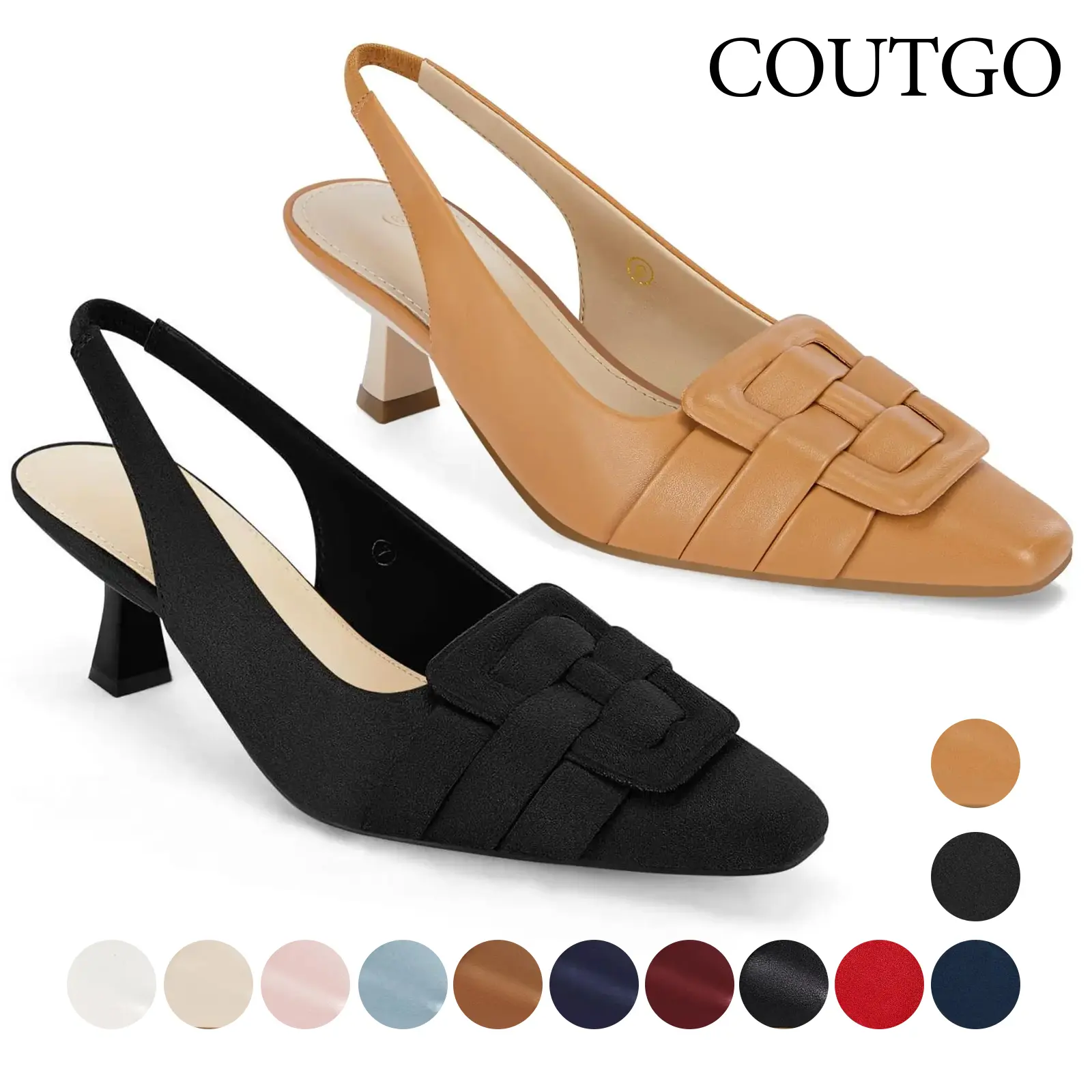 Coutgo Women's PU Black Pointed-Toe Slingback Kitten Heel Pumps - Low Comfortable Dress Heels for Women, Suitable for Party, Office, Kitten Heels For Women,back to school,back to school haul