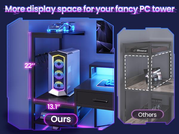 SEDETA 59Inch L Shaped Gaming Desk with PC Display Stand, Reversible Computer Desk with Storage Shelves, 4 Drawer & LED Lights, Modern Gamer Desk Table with Power Outlet, Monitor Stand