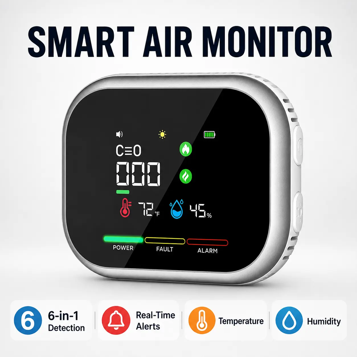 Multi-Function 6-in-1 Indoor Air Quality Detector with Temperature, Humidity & Environmental Monitoring, Clear HD Screen, Smart Alerts and Easy Plug-and-Play Setup for Home, RV, Garage & Kitchen