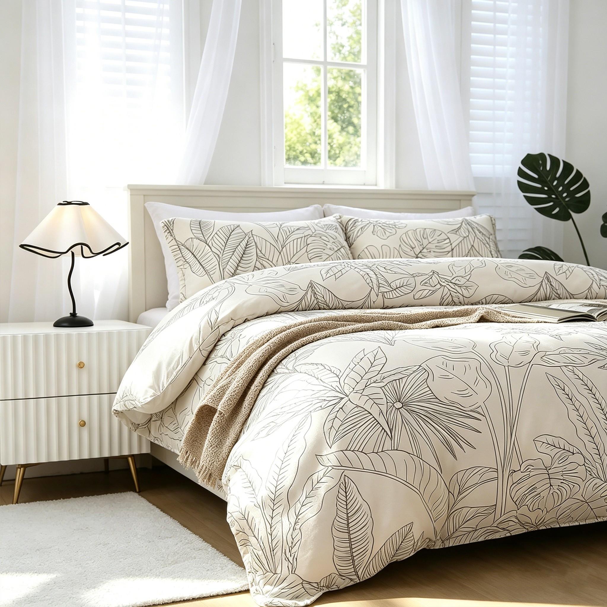 3-Piece Minimalist Line Tropical Leaf Printed Bedding Set, 1 Duvet Cover (No Insert) + 2 Pillowcases (No Insert), Soft Fabric with Easy Removable Zipper, Elegant Bedroom Decor, Spring & Summer New Duvet Cover