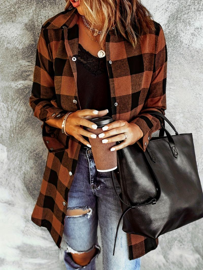 Women's Gingham Shirt, Casual Loose-Fitting Long Sleeve Top, Woven Fabric, All Seasons Wear, Moderate Thickness