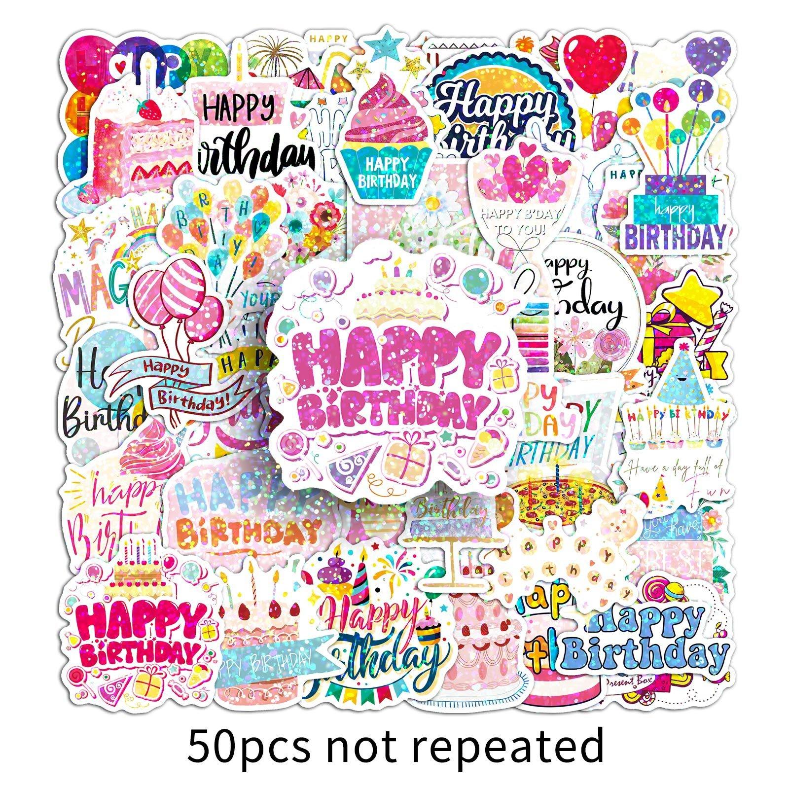 50pcs Happy Birthday Stickers, Colorful Party Waterproof Vinyl Decals, Cute Birthday Cake Balloon Stickers, Birthday Gift Pack for Teens Adults
