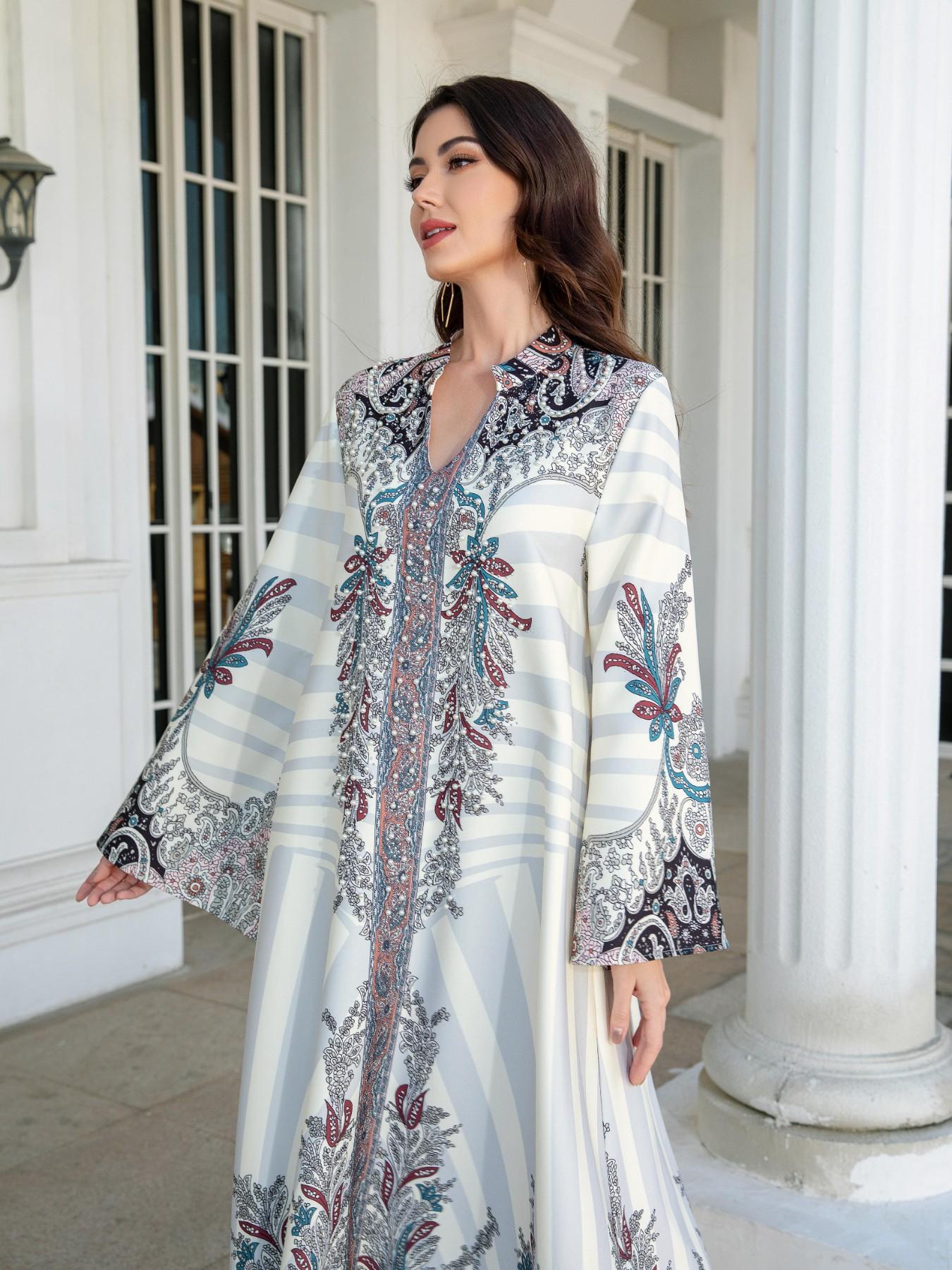 Women's Long Robe Dress Abaya, Stand Collar Design, Printed Embellished Beaded New Style, Cross-Border Muslim Fashion
