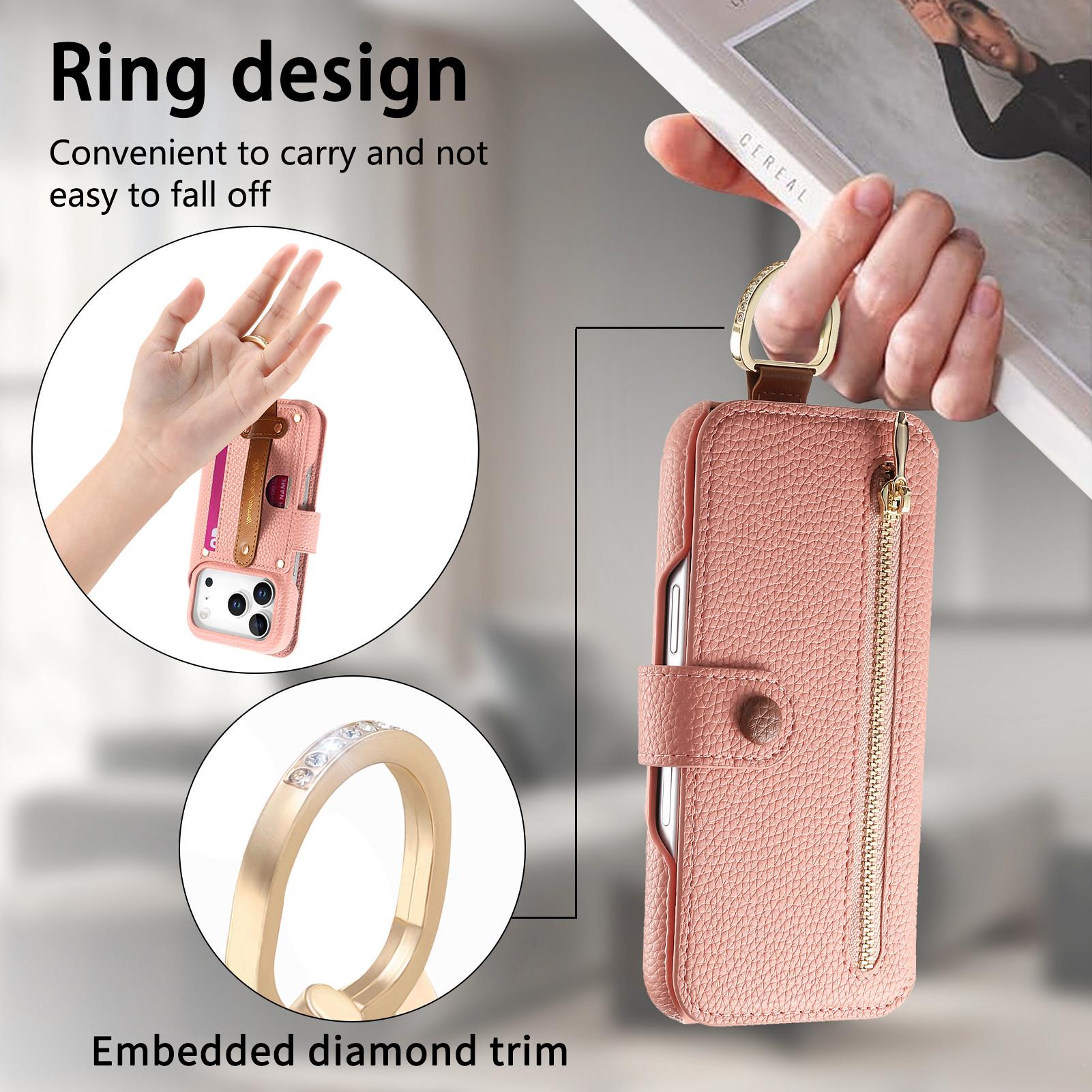 Leather Wallet Phone Case with Ring Strap Holder Stand, Multi Card Slots, Zipper Phone Pouch and Magnetic Closure, Fits iPhone 17/16/15 Series