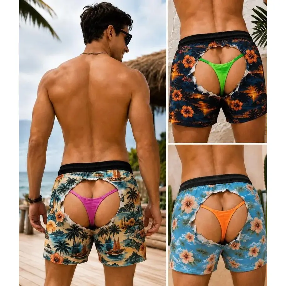 Men's Funny Beach Shorts with Mesh Lini, Fake Underwear Print Beach Trunks, Novelty Summer Gag Gift, Pool Party Outfit for Him