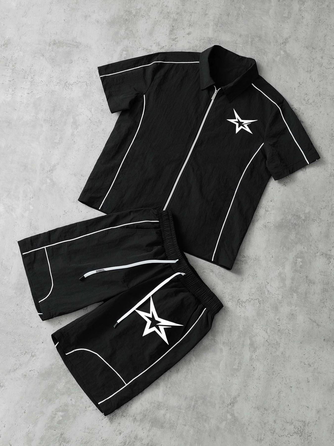 Stars Pattern Casual Set Short Sleeve Zipper Shirt + Gym Shorts Two-Piece Set, Breathable Comfort Spring Summer Daily Wear Activewear Set Stars Pattern Casual Set Short Sleeve Zipper Shirt + Gym Shorts Two-Piece Set, Breathable Comfort Spring Summer Daily Wear Activewear Set