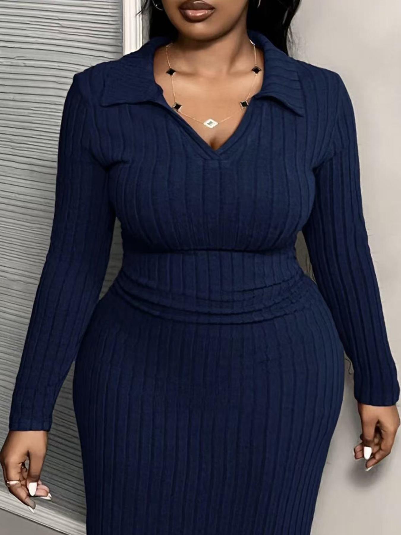 【Plus Size】1 Piece Plus Size Ribbed Knit Midi Dress with Collared V-Neck, Elegant Casual Style, Stretchy Fabric & Bodycon Fit, Flatters Curves Perfectly, Suitable for Plus Size Women's Office, Dinner Dates & Weekend Events