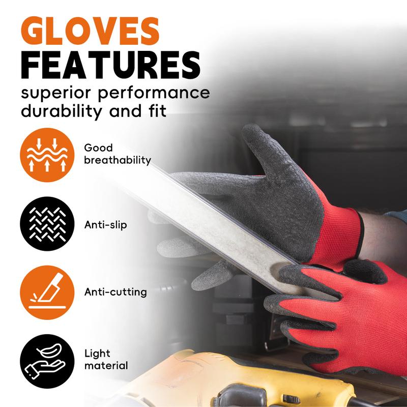 12 Pair Crinkle Latex Rubber Hand Coated Safety Work Gloves for Men Women General Multi Use Construction Warehouse Gardening Assembly