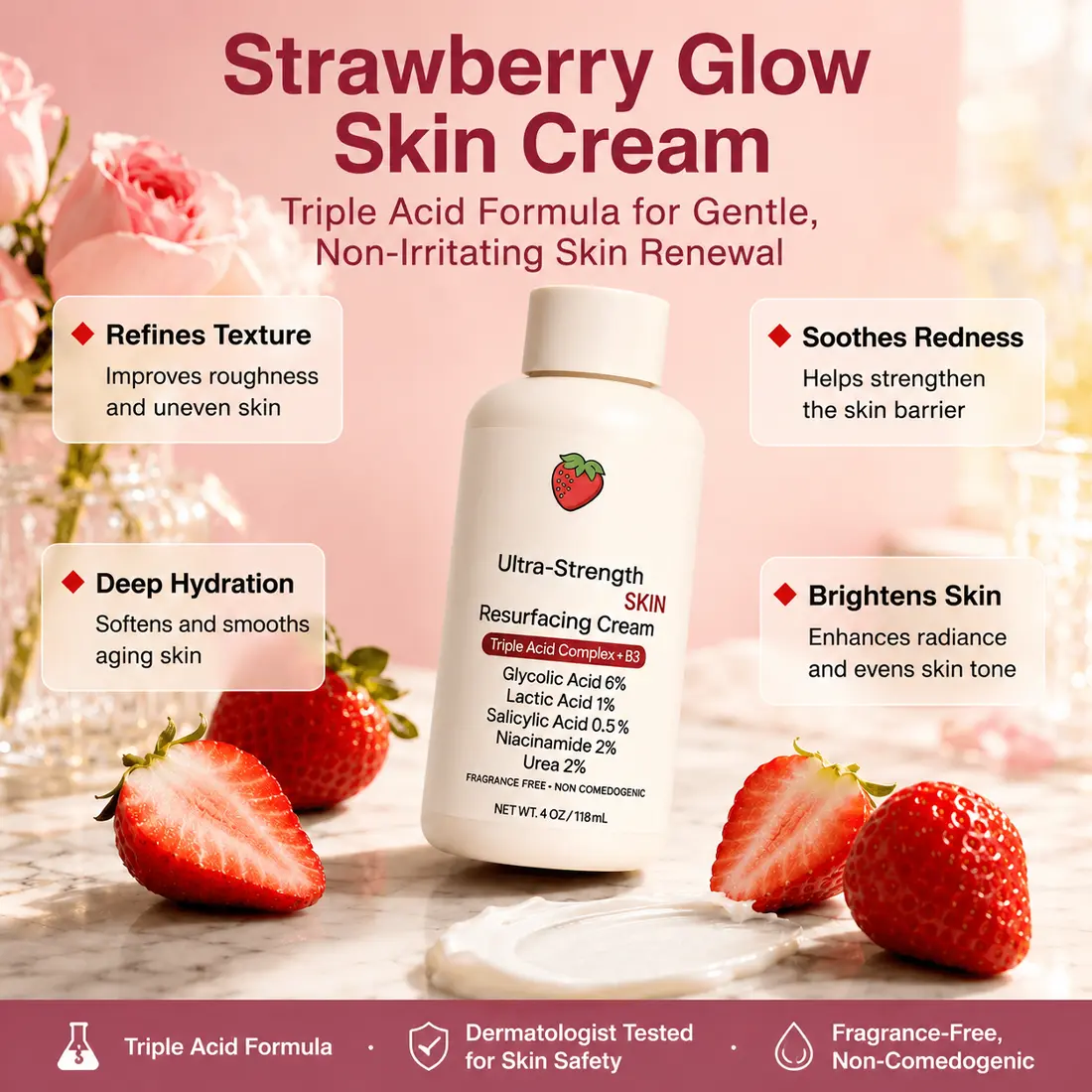 Exfoliating Strawberry Skin Corrector Resurfacing Body Cream Lotion - Dragon Flame-Infused Formula for Smooth, Radiant, Flawless Finish - Bath & Body Care Moisturizer, Smooth Finish