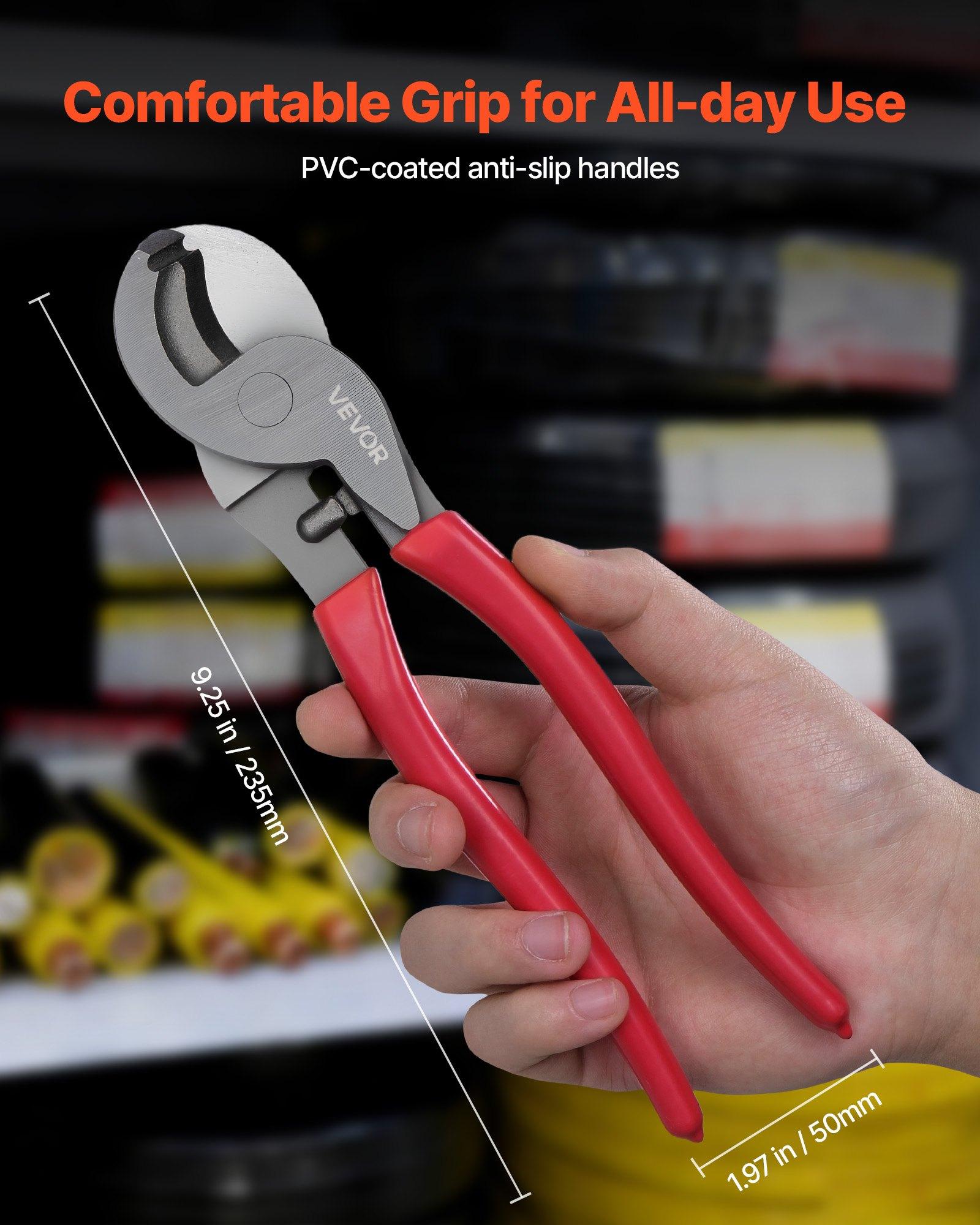 VEVOR High Leverage Cable Cutter, 9-1/4 in Compact Cutting Pliers, Forged Blades, PVC-Coated Handles, Heavy Duty Tool for 4/0 AWG Aluminum, 2/0 AWG Soft Copper, 100-Pair 24AWG Comm Cables, Pvc Handles