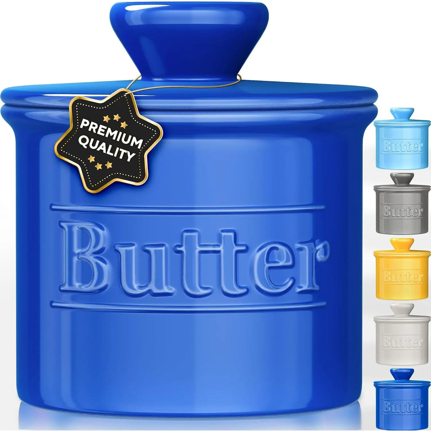 Butter Crock with Lid -  Design  Butter Dish - Beautiful Ceramic Butter Keeper for Counter with Water Line -  to Keep Butter Soft and Spreadable - Dark Blue
