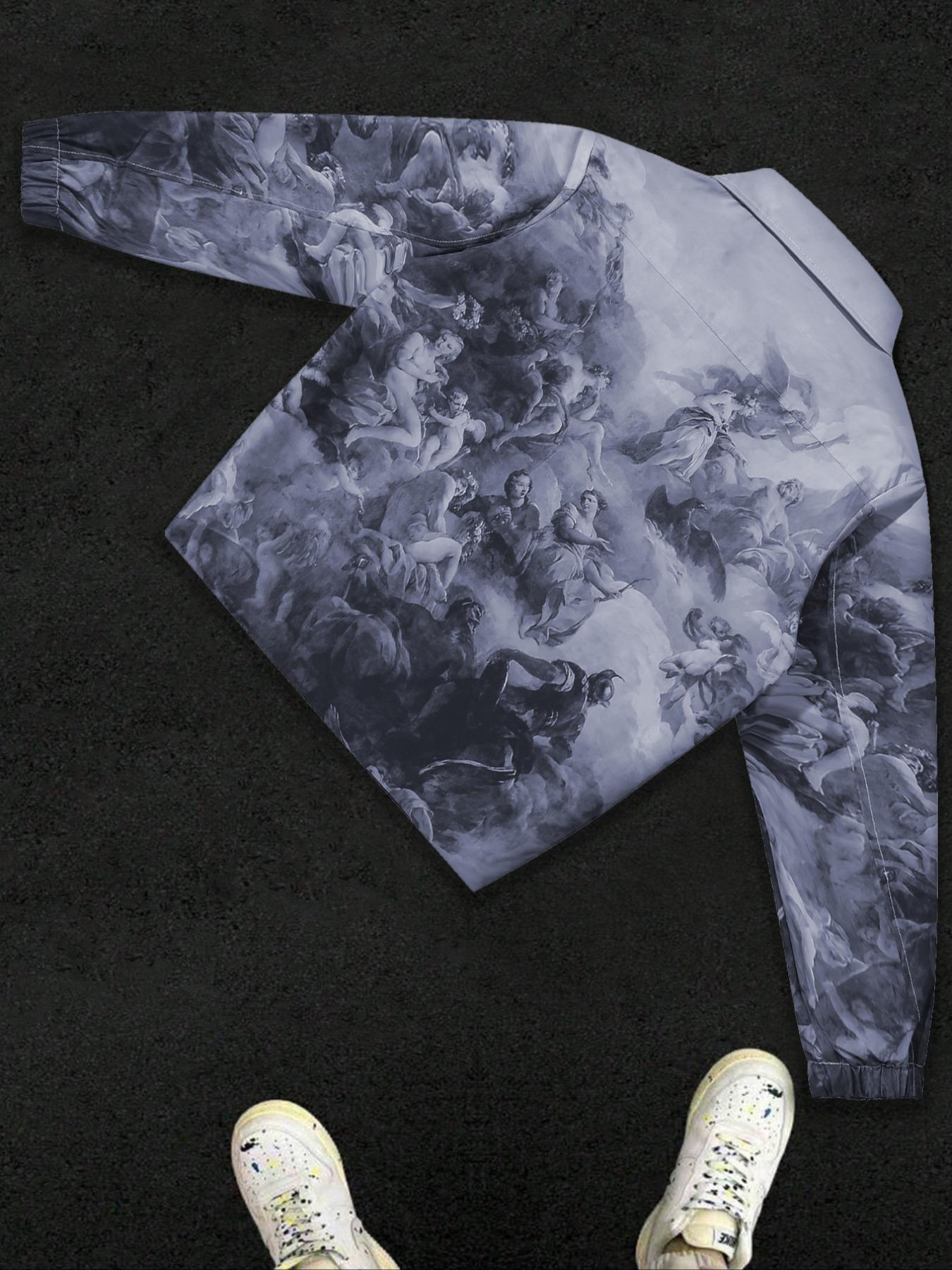 Men's Printed Long Sleeve Jacket with Artistic Patterns, Unique Retro Style Collar + Zipper Design, Trendy & Vintage Fashion Outerwear Coats, Menswear