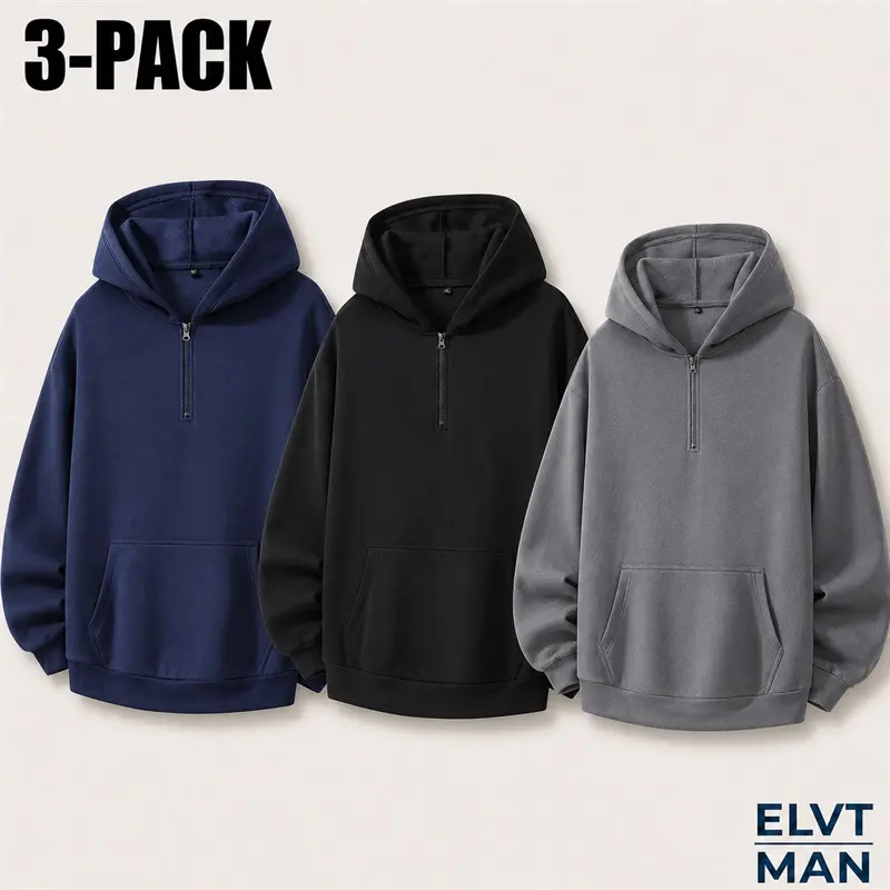 3-Pack Mixed Color Men's Oversized Half-Zip Hoodies, Relaxed Fit Long Sleeve Hooded Sweatshirt Set with Kangaroo Pocket, Sizes S-XXL, Casual Everyday Layering