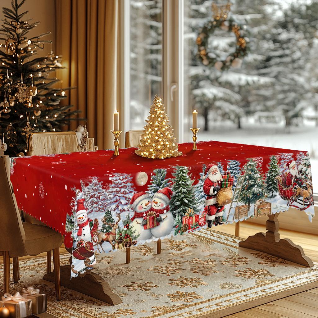 PLUMLIK Red Christmas Tablecloth with Santa Claus, Reindeer, Snowman Patterns, Christmas Decor 2025, Christmas Party Decoration for Indoor&Outdoor, Vintage Round Rectangular Table Cloth, Holiday Home kitchen Festive Decor, Christmas Gifts