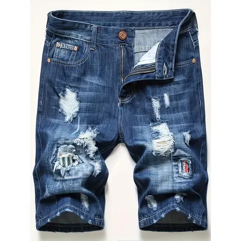 Men's Cotton Blend Distressed Ripped Patchwork Denim Shorts - Y2K Streetwear, Vintage Washed, Knee-Length, High Street Fashion, Comfortable Summer Casual Bottoms (Do Not Dry Clean)