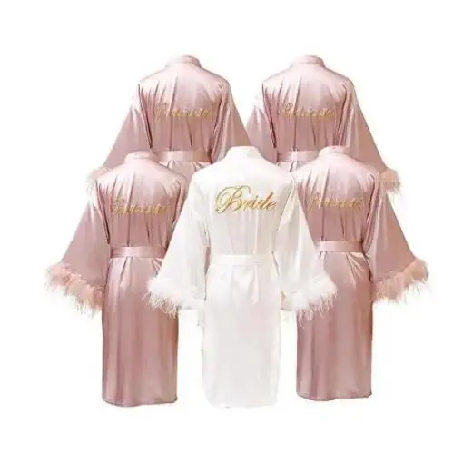 Women FEATHER Bride Bridesmaid Wedding Robe Satin Kimono Bathrobe Gown Nightwear Embroidery Letter Nightgown V-Neck Lingerie