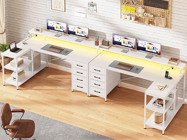 SEDETA 47.2 Inch L Shaped Desk with 4 Drawers and Storage Shelves L Shaped Gaming Desk with LED Lights Power Outlets