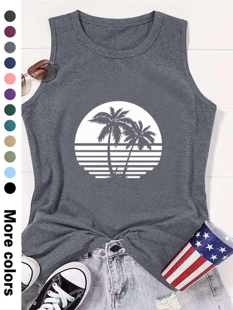 Women's Coconut Tree Print Round Neck Tank Top, Lounge Tank Top, Graphic Top, Casual Sleeveless Top for Beach Vacation Holiday, Ladies Clothes for All Seasons