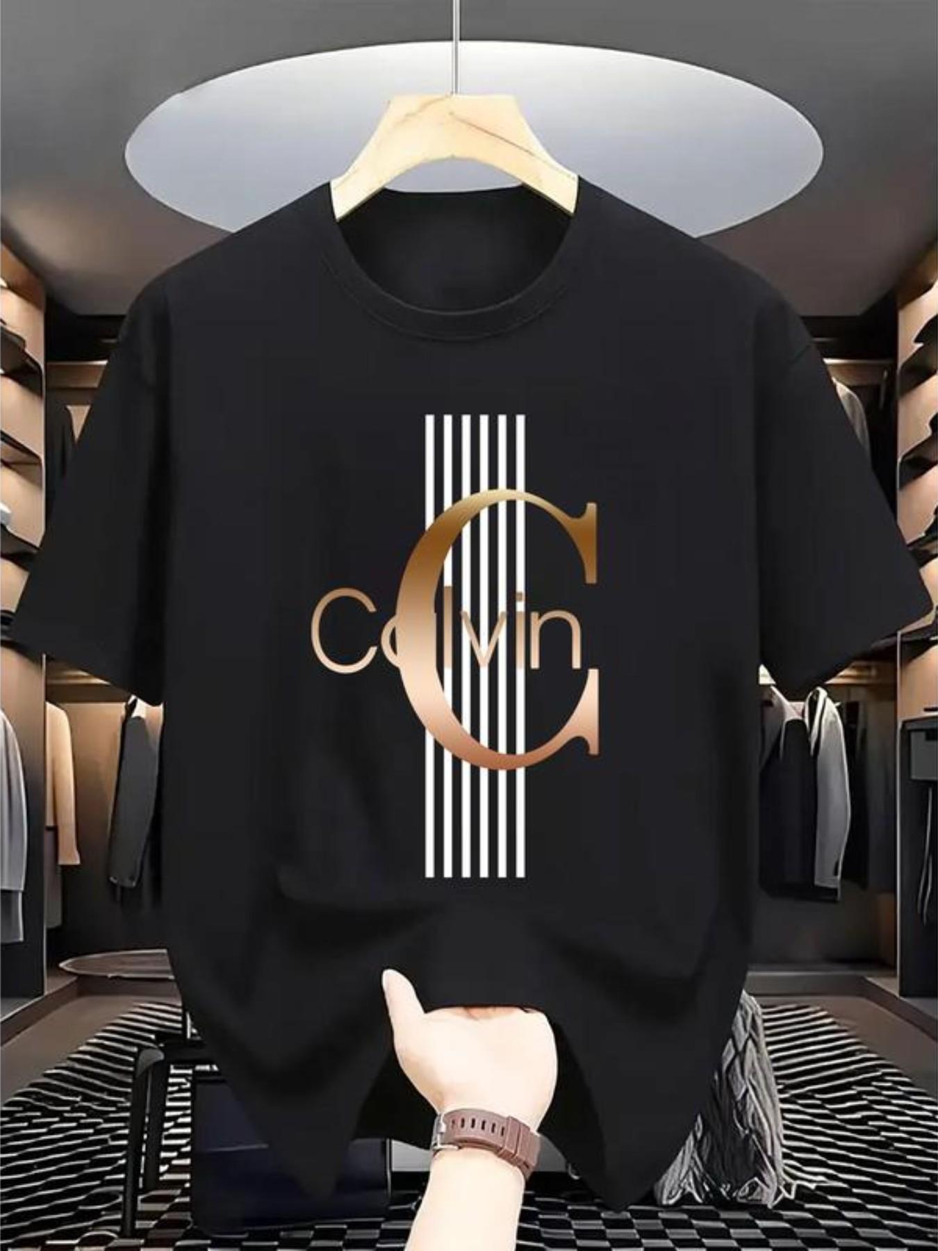 Calvin Gold Letter Print T-Shirt, Unisex Casual Loose Fit, All Seasons Short Sleeve, Trendy Fashion for Men and Women