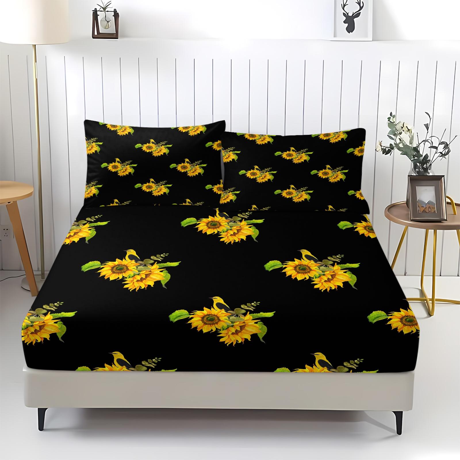 3 Piece Sunflower Pattern Fitted Sheet Set, Soft And Durable Bedding Set, Including 1 Piece Flat Sheet And 2 Pieces Pillowcases, Suitable For Children And Adults Daily Holiday Birthday Gifts Bedroom Decorations