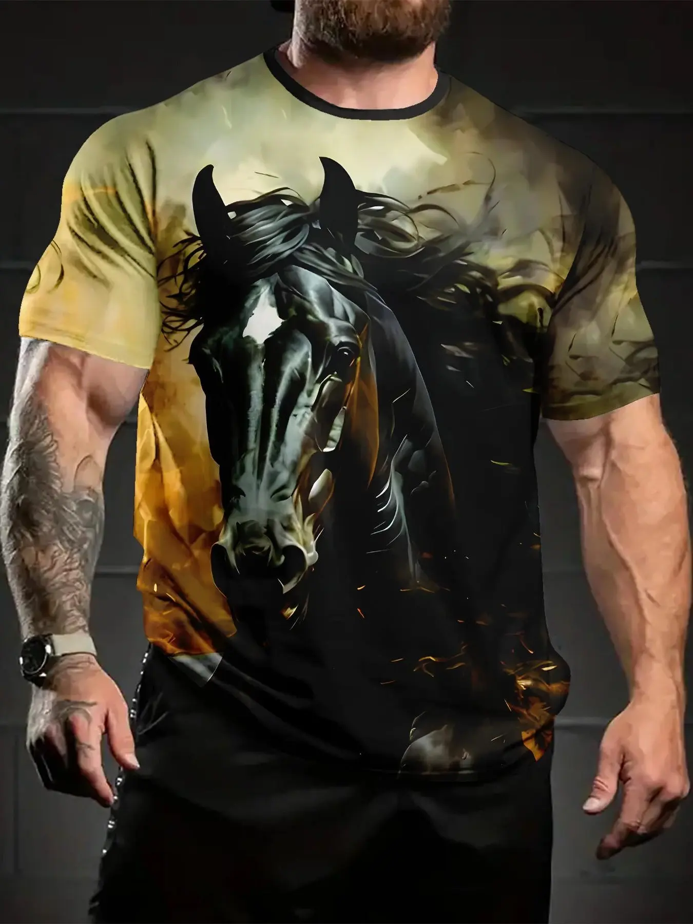 Men's 3D Horse Print T-Shirt - Black and Gold Galloping Horse Pattern, Short-Sleeve Crew Neck Casual Streetwear Sports Shirt, Comfortable, Breathable, Versatile Men's Short-Sleeve T-Shirt