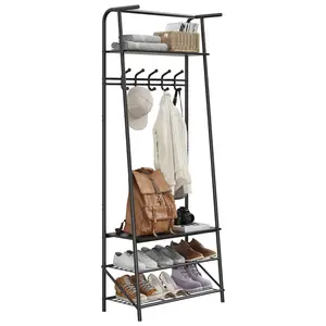 Garvee coat rack hallway tree with bench and shoe storage entrance bench with coat rack 5 hooks and 3-tier shoe storage metal frame for entrance area, hallway, front door, black