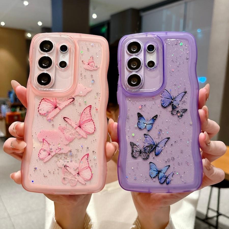 For Samsung Galaxy S26 Plus Ultra A17 A37 A57 5G Butterfly Glitter Transparent Wavy Silicone Case Shockproof Cover