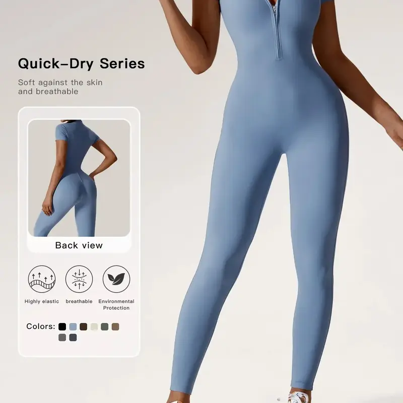 【Black Friday】Women's Solid Color Zipper Mock Neck Sports Jumpsuit, Sporty Quick-Dry High Waist Skinny Jumpsuit for Yoga, Gym and Workout