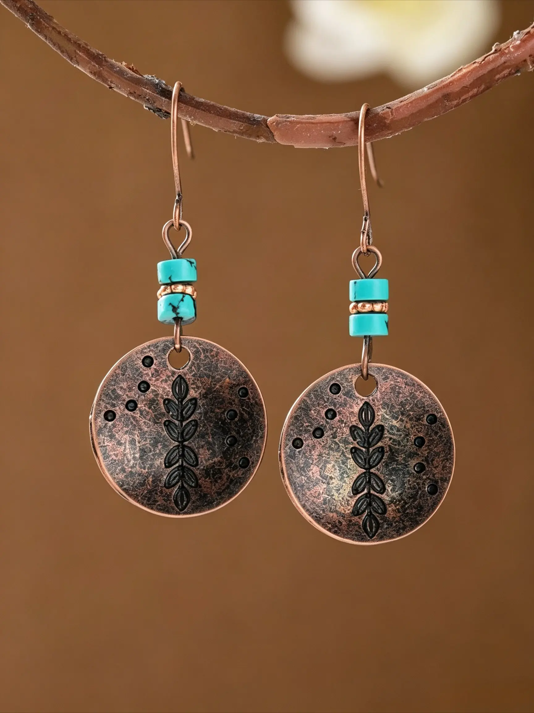 A Pair of Ethnic-Style Turquoise Beaded Earrings with Embossed Leaf-Shaped Discs—Vacation-Inspired, Versatile, and Elegant Women's Earrings