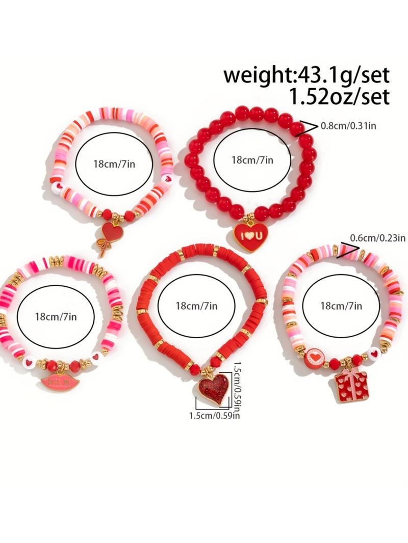 Valentine's Day Handmade Soft Clay Bracelet Set, Elastic Beaded Heart Pendant Jewelry Gift, Perfect for Couples & Romantic Gifts