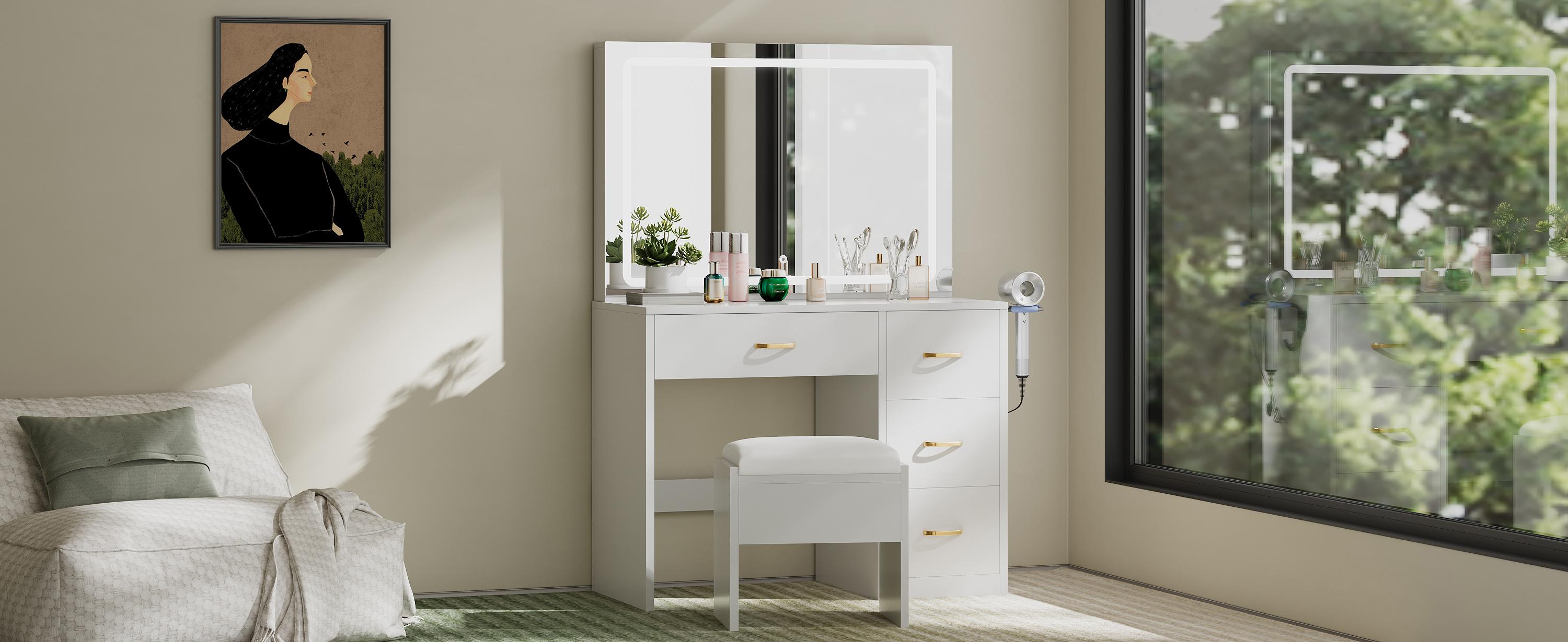 YITAHOME Makeup Vanity Desk with Large Lighted Mirror with Power Outlet and LED/Bulb Strip, 3 Color Lighting Modes with Adjustable Brightness, 4 Drawer Vanity Table with Cushioned Stool for Bedroom