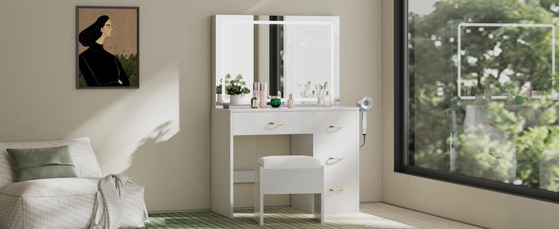 YITAHOME Makeup Vanity Desk with Large Lighted Mirror with Power Outlet and LED/Bulb Strip, 3 Color Lighting Modes with Adjustable Brightness, 4 Drawer Vanity Table with Cushioned Stool for Bedroom