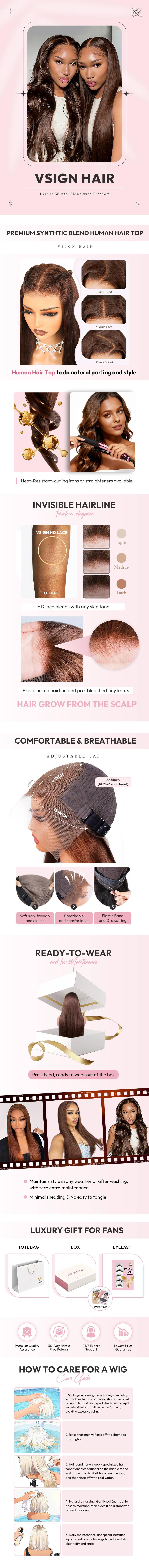 VSIGN Chocolate Brown #4 13*6 Drawstring HD Lace Front Wig Synthetic Heat Resistant Fiber Hand Tied Pre Plucked Hairline Glueless Wig