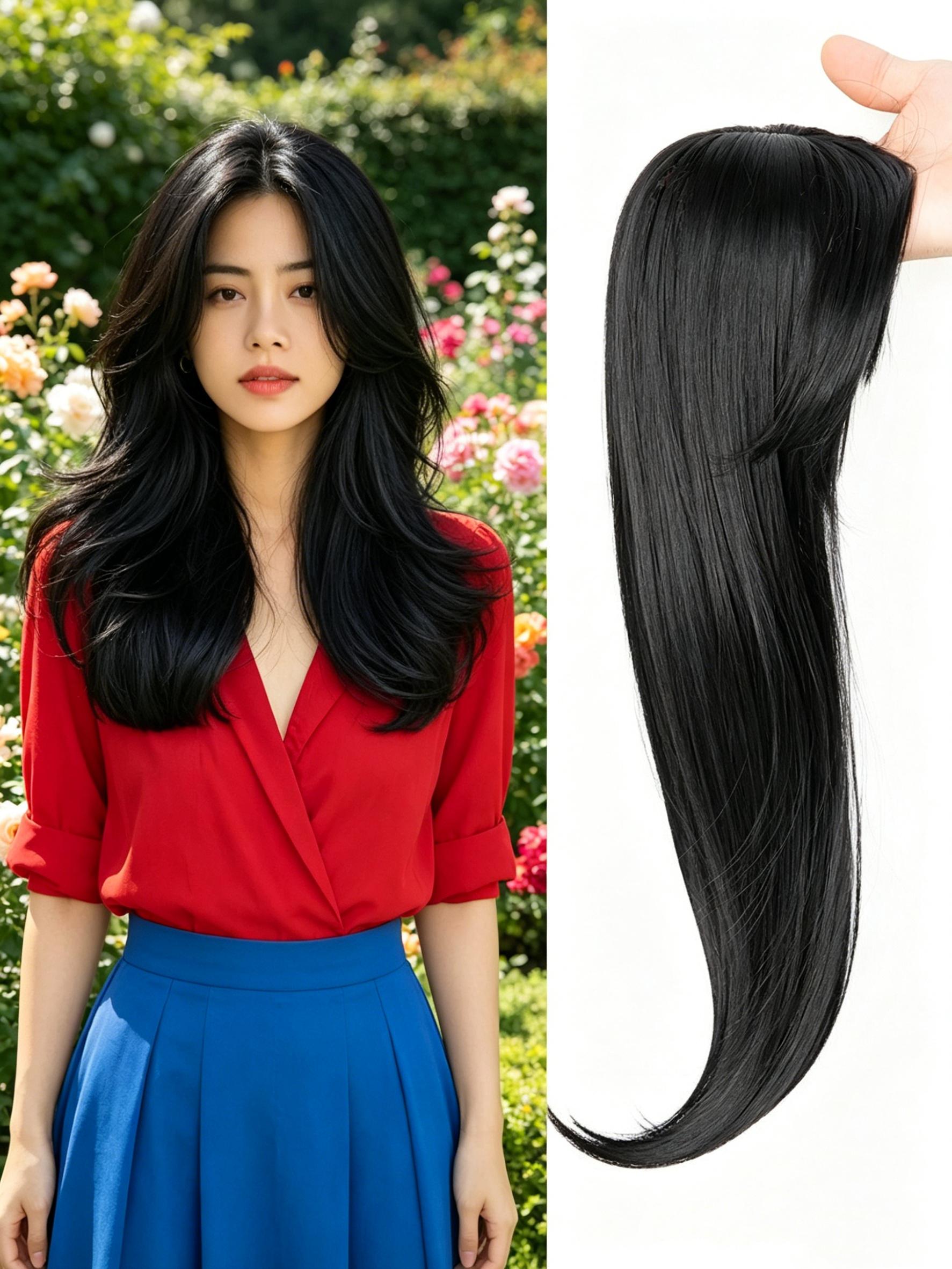 ✨Fresh Summer Beach Dark Chestnut Straight Clip-In Topper, Premium Kanekalon Synthetic Hair With Soft Layered Curtain Bangs, Seamlessly Mask Sparse Scalp, Ideal For Seaside Trips & Simple Daily Looks
