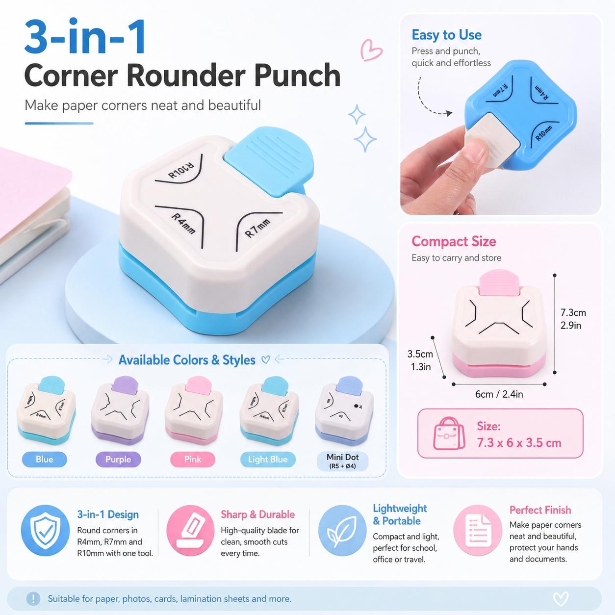 Portable Versatile 3-in-1 Corner Rounder Punch R4/R7/R10mm Paper Trimmer Cutter craft cutting tool for Card Making Scrapbook DIY Craft Projects