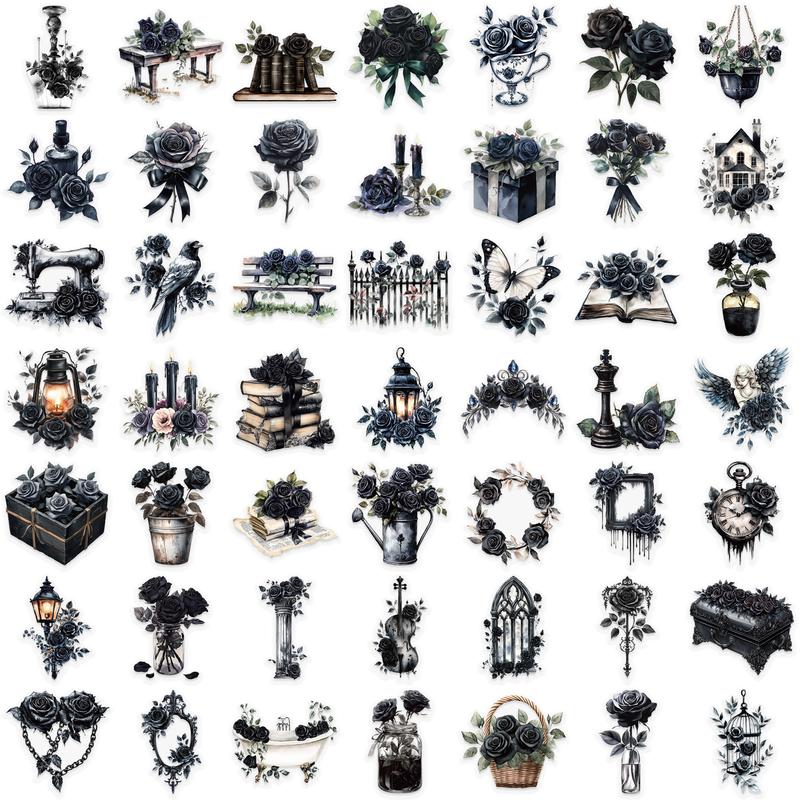 50 Pcs Gothic Dark Rose Transparent Stickers, Reusable Pet Decorative Labels, DIY Water Bottle, Notebook, Luggage, Phone Case, Tablet