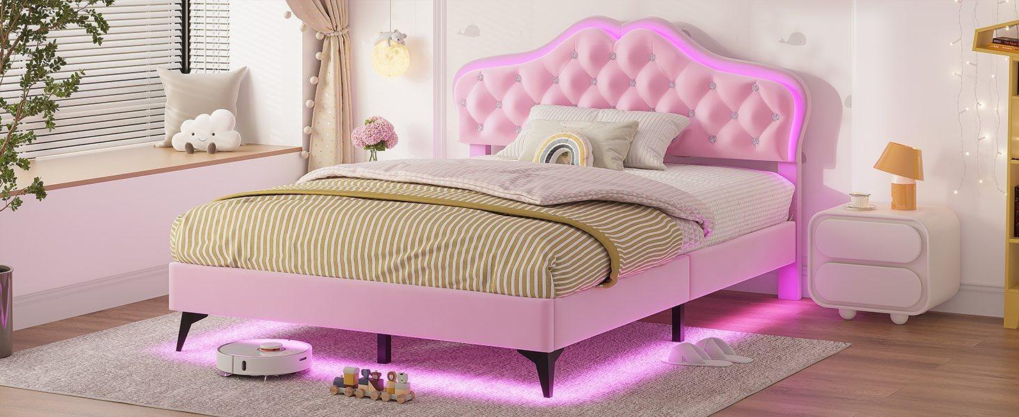 Sikaic Velvet Princess Platform RGB LED Bed Frame with Storage Drawers and Adjustable Crystal Button Headboard Creamy Pink Furniture Nursery Design Cute Interior Bedroom Set Upholstered Modern Cama
