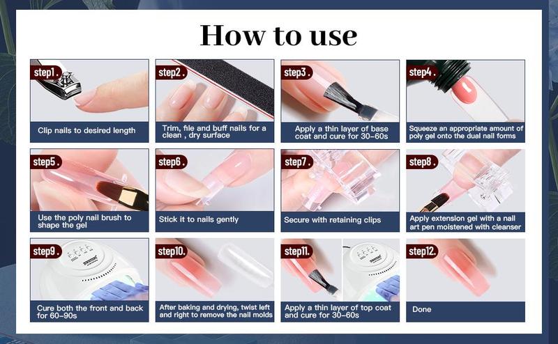 JEWHITENY 14pcs Poly Nail Extension Gel Kit Nude Grey Black Blue Purple Glitter Poly Gel Nail Kit With UV Light Starter Kit All In One Kit With Base Top Coat Beginner DIY at Home