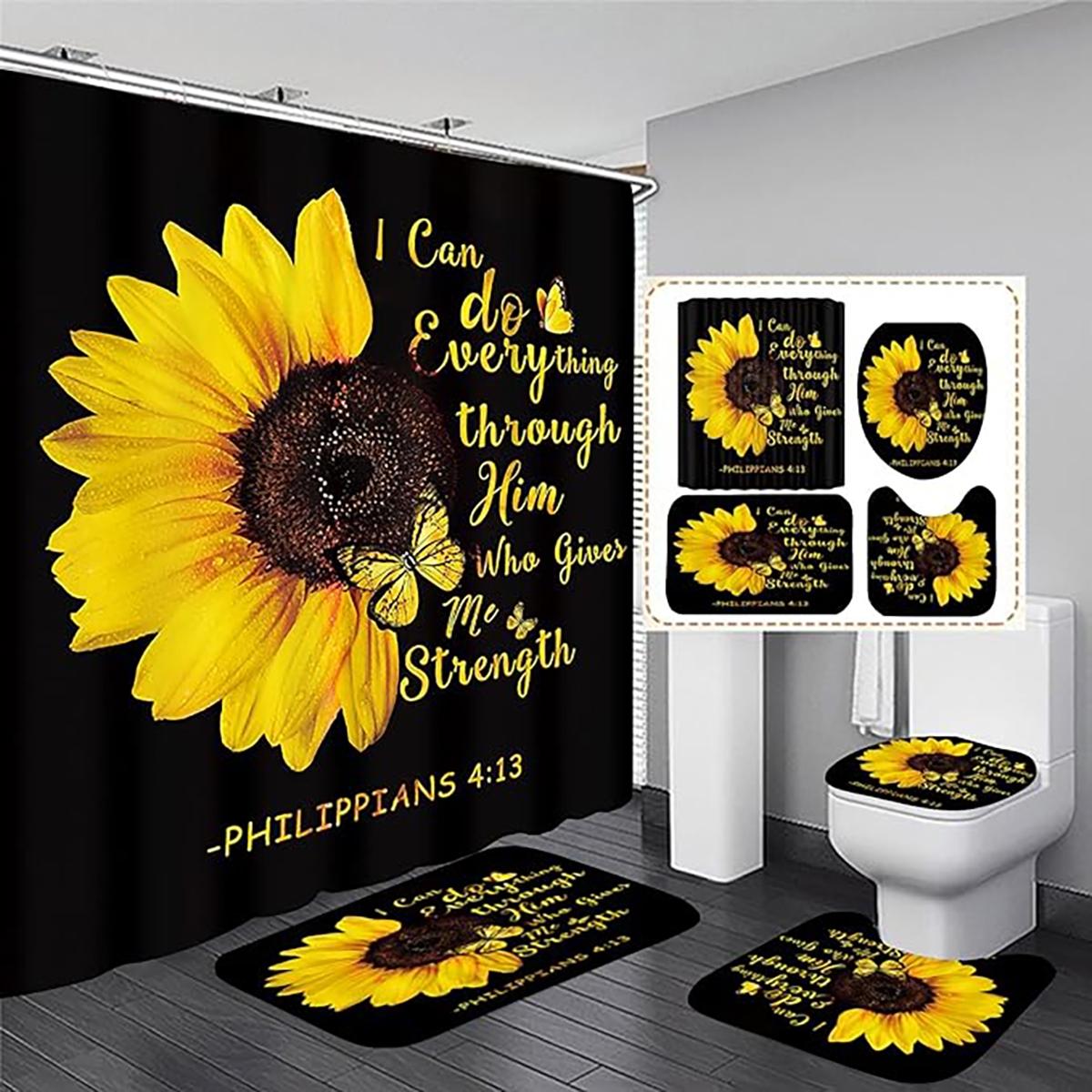 1/4pcs Sunflower Inspirational Quotes Themed Shower Curtain Set, includes a non-slip mat, U-shaped rug, and toilet seat cover. Perfect for bathroom decoration, partitioning, and beautifying the space. Comes with 12 shower curtain hooks. Shower Essentials