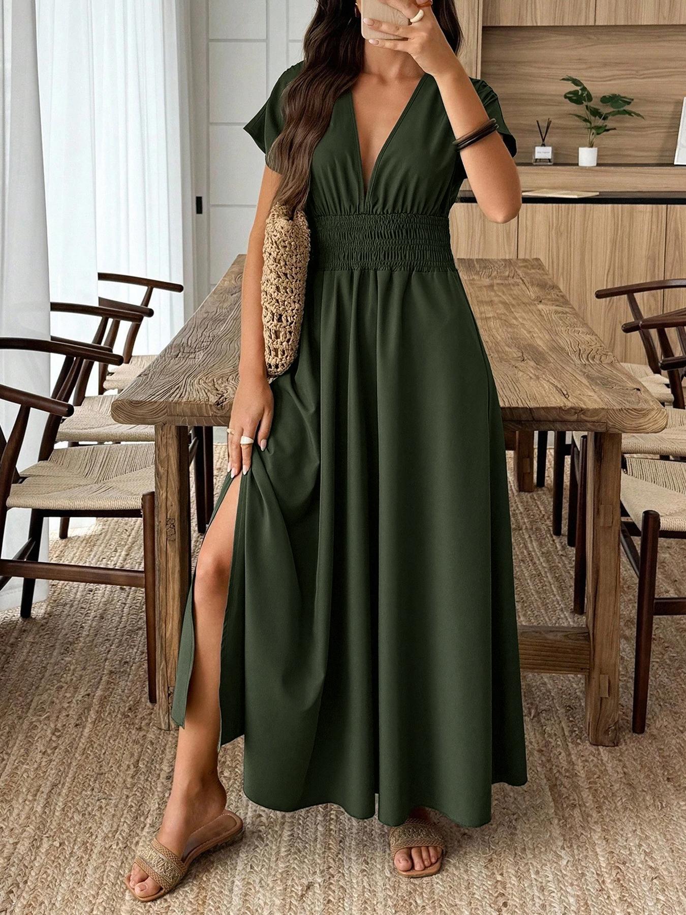 1 Piece Women's Summer Army Green V Neck Split Maxi Dress, Flowy High Waist Vacation Party Outfit