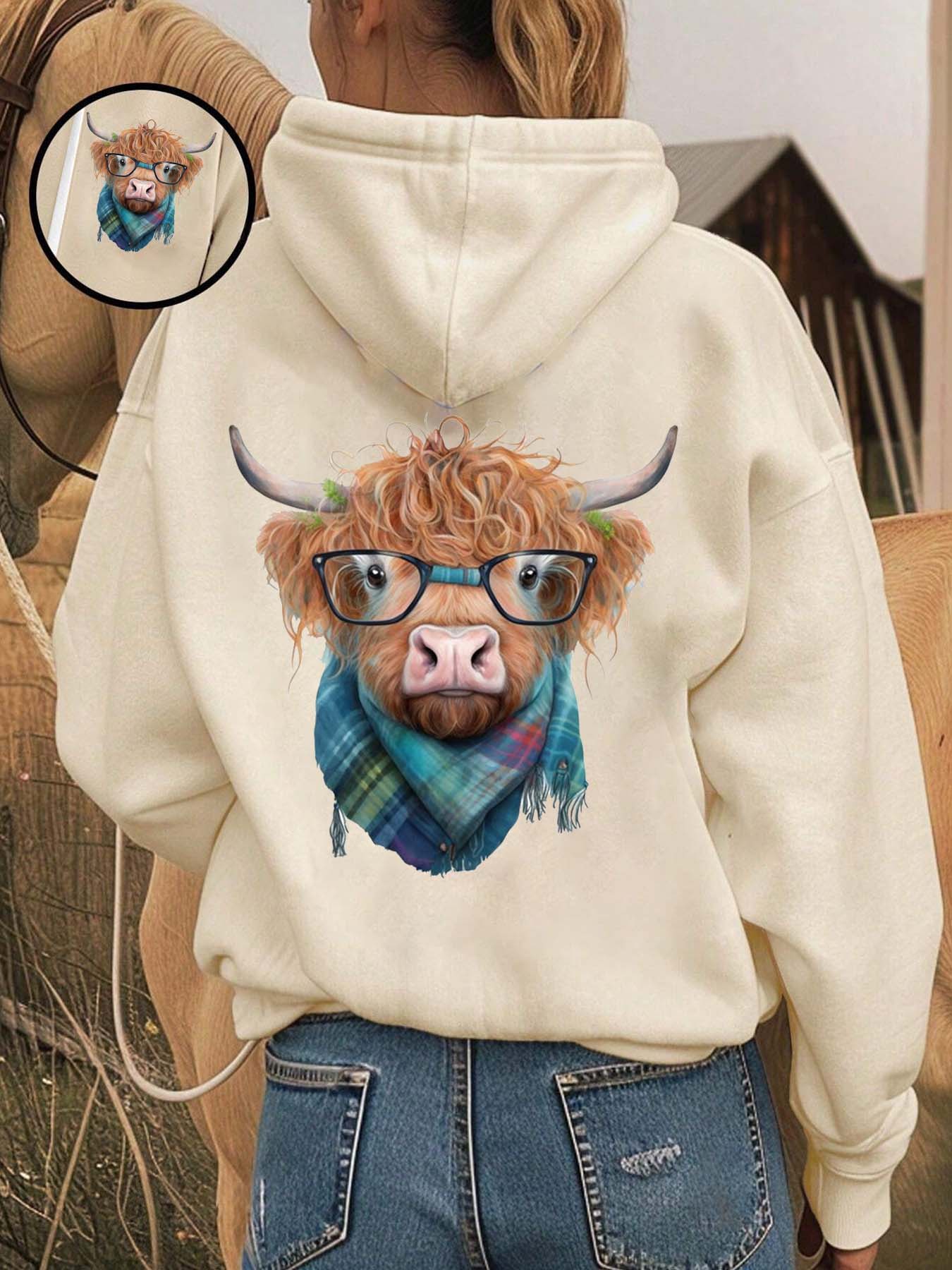 Cozy Fleece-Lined Printed Hooded Fitted Long Sleeves Sweatshirt, Funny Sweatshirt, Cute Highland Cow Animal Design, Unisex Casual Winter Fashion Womenswear with Soft Warm Plush Interior for Cold Weather Aesthetics, Casual Fitted Hoodie Cozy Fleece-Lined Printed Hooded Fitted Long Sleeves Sweatshirt, Funny Sweatshirt, Cute Highland Cow Animal Design, Unisex Casual Winter Fashion Womenswear with Soft Warm Plush Interior for Cold Weather Aesthetics, Casual Fitted Hoodie