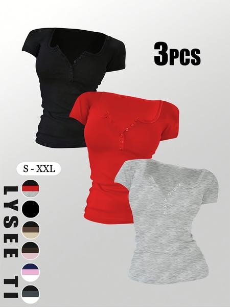 Women's Solid Button Tee, Casual Chic Minimalist Short Sleeve T-shirt for Summer, Ladies Clothes for Daily Wear