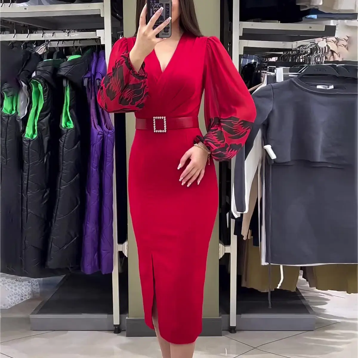 Ocean Style 2026 Women V‑Neck Long Sleeve Printed Slim Dress With Belt Slit Hem Midi Dress