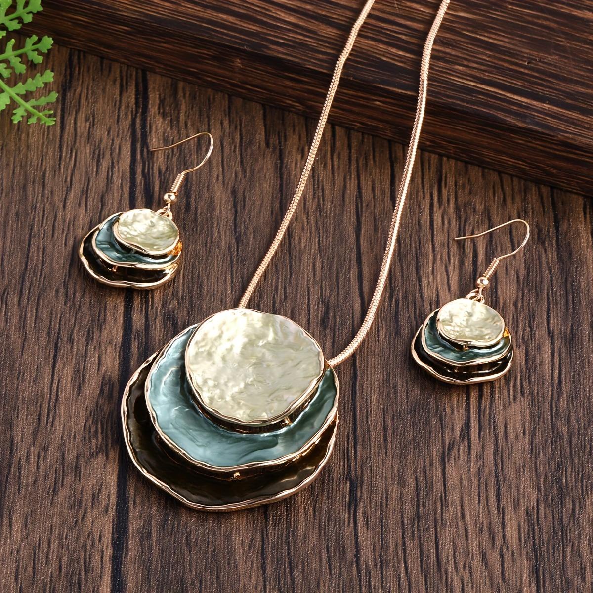 Boho 3-Layer Round Zinc Alloy Enamel Jewelry Set, Necklace & Earrings for Women